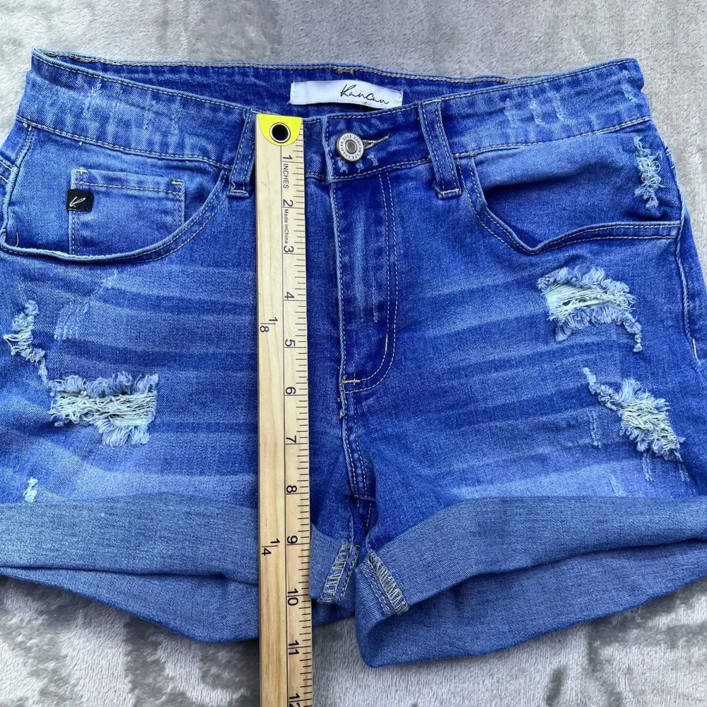KanCan Womens Blue Denim Jean Shorts Distressed Cuffed‎ Casual Sz 27 Fits 26
